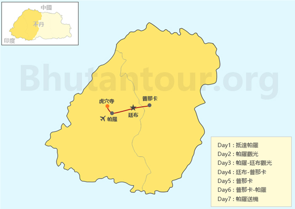 7天不丹旅行團行程地圖