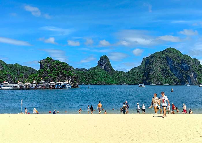 在下龙湾沙滩上游玩