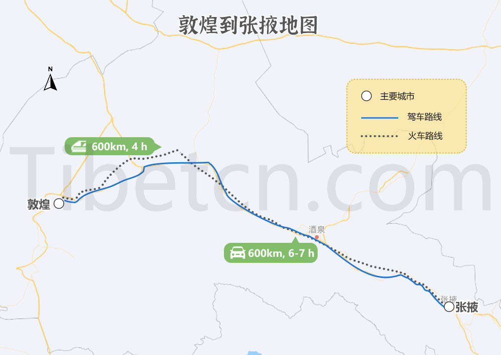 敦煌到張掖交通地圖