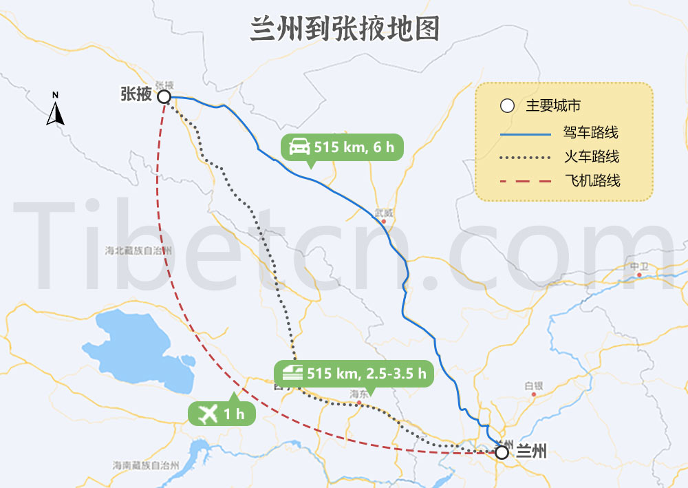 蘭州到張掖交通地圖