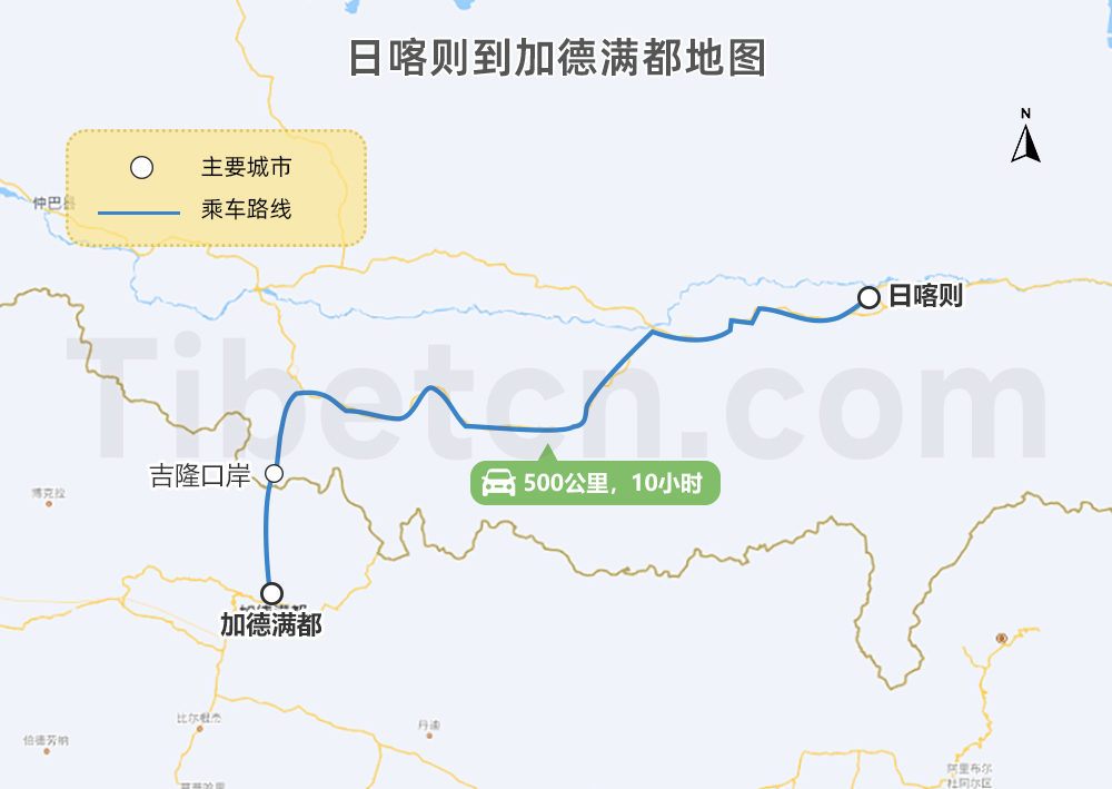 日喀则到加德满都交通地图