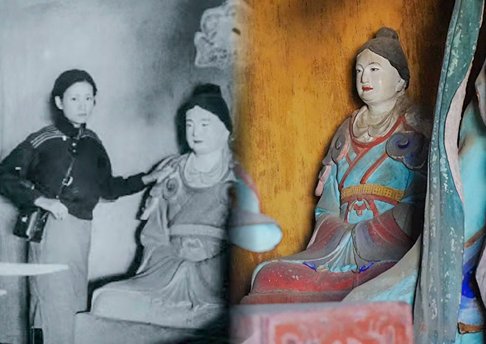 佛光寺林徽因与宁公遇彩塑像合影