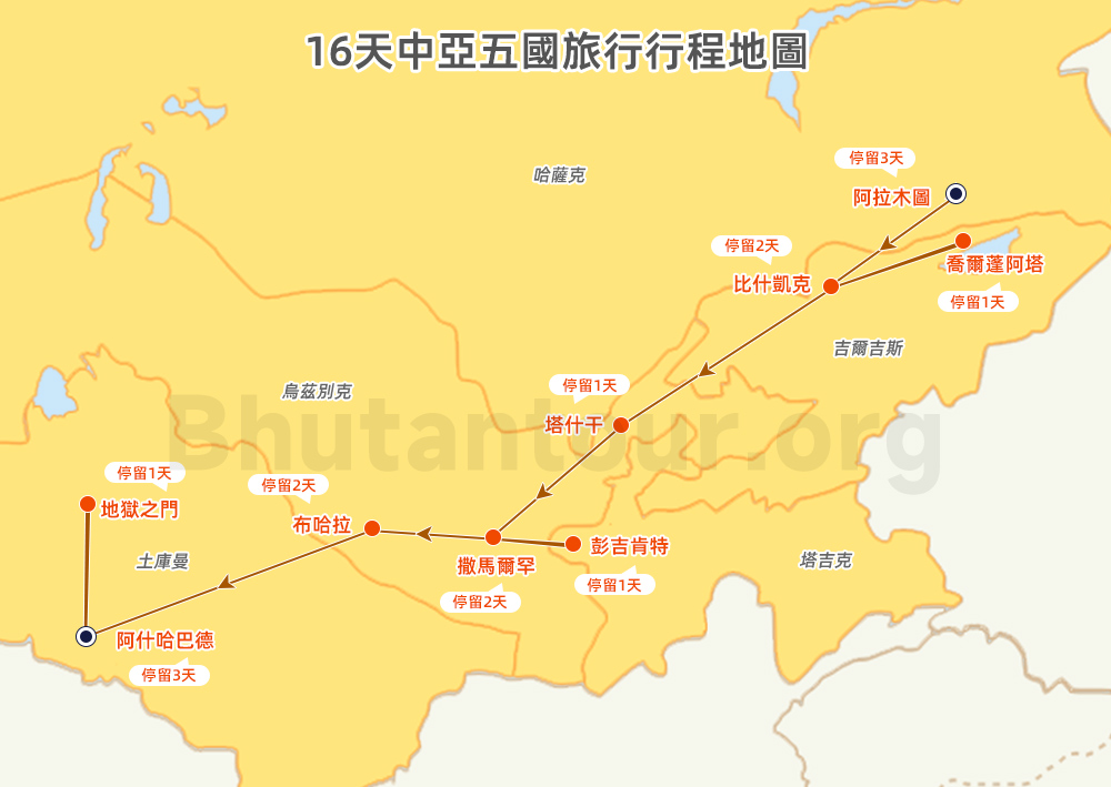 16天中亞五國旅行地圖
