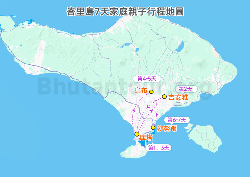 峇里島7天家庭親子行程地圖
