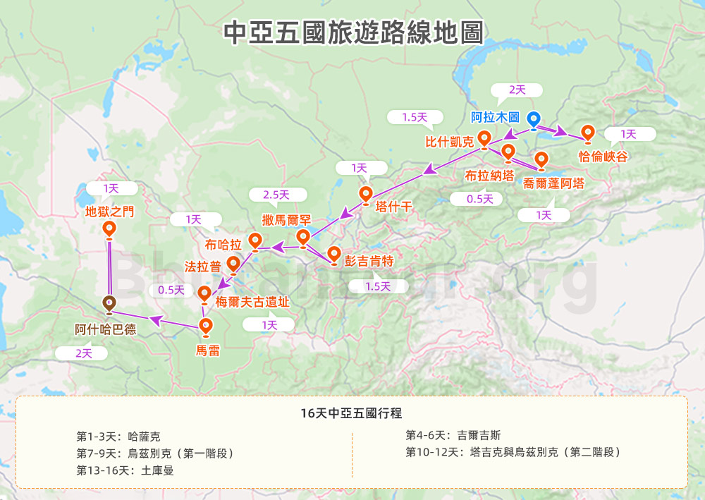 16天中亞五國行程地圖